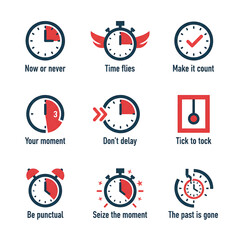 Conceptual icons for time management, illustrating urgency, punctuality, deadlines, and the importance of seizing opportunities