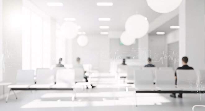Blurred waiting room with people and heart rate graphic overlay abstract medical