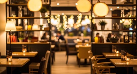 Cozy restaurant interior with warm lighting and tables set for dining chair