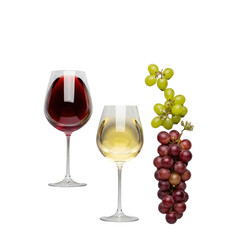 Elegant crystal wine glasses, red and white wine, with fresh green and red grapes flowing towards them on a clean transparent flat lay. Concept of wine purity and elegance