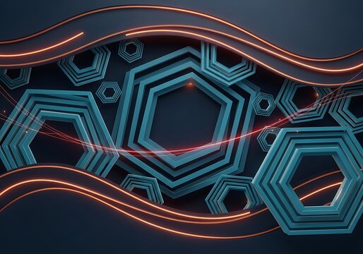 Hexagonal abstract background with glowing lines and intricate geometric shapes - Powered by Adobe