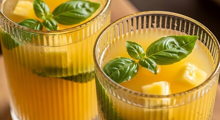 Refreshing Mango Basil Drink with Cubes and Leaves.