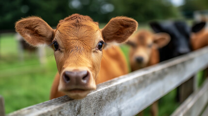 Curious cows lean toward a wooden fence in a green farm pasture. A close up view captures their almond eyes and moist noses.