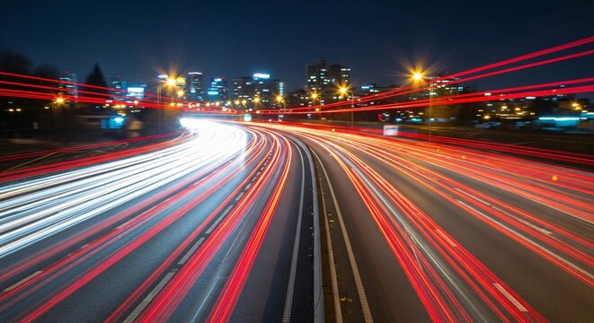 Night highway light trails with city skyline in background traffic motion blur