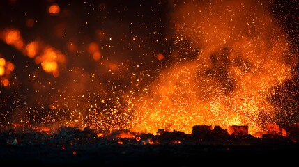 Explosion of orange sparks from a forge at night.