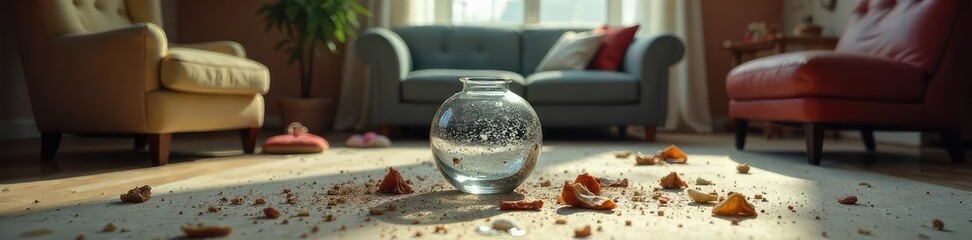 Obraz premium A shattered vase lies amidst scattered furniture, symbolizing the destructive impact of domestic conflict and fractured family relationships , family, rage, grief