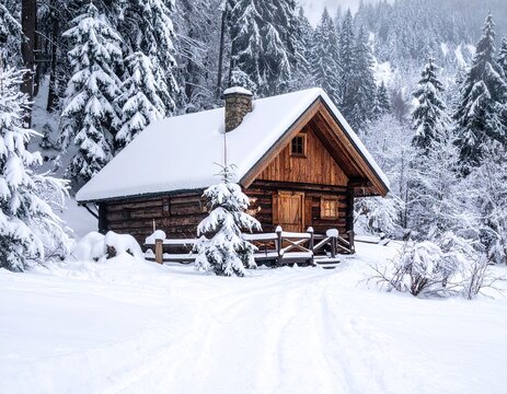 Snow Covered Wooden Cabin in Winter Forest