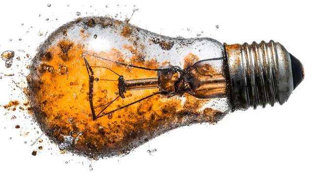 Exploding Light Bulb with Fiery Orange and Yellow Splatter on White Background. - Powered by Adobe