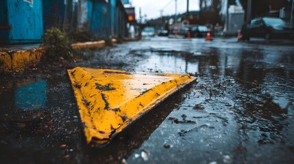 Fallen yellow warning sign on a wet and gritty urban street after the rain.