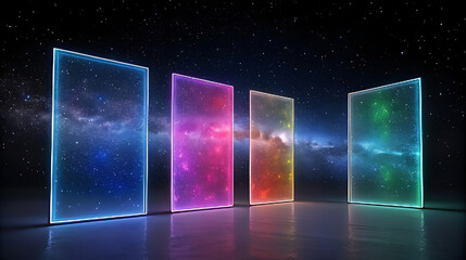 Four glowing rectangular portals in starry space stars
