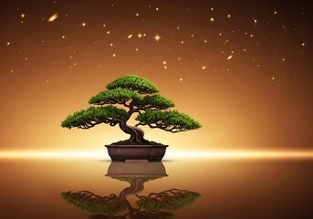 Tranquil Bonsai Under Celestial Lights, Reflected in Still Water