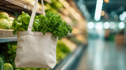 Eco-friendly reusable shopping bag filled with fresh green leafy vegetables hanging in a supermarket produce aisle with blurred lights and shelves in the background
