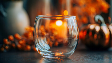 Empty glass tumbler reflecting warm autumn candlelight surrounded by seasonal orange foliage and decorative pumpkin on rustic wooden table