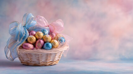 Festive Easter basket with shiny foil wrapped candy eggs on a pastel background.