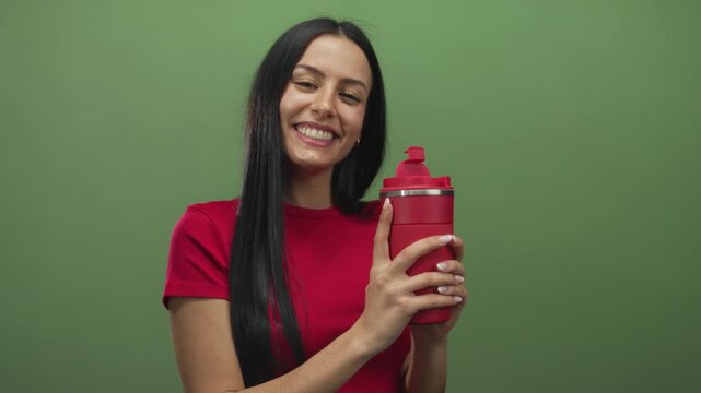 Woman smiling happily while holding a red shaker against an isolated green background wall, wearing a red shirt, her hispanic features glowing with joy and positivity.