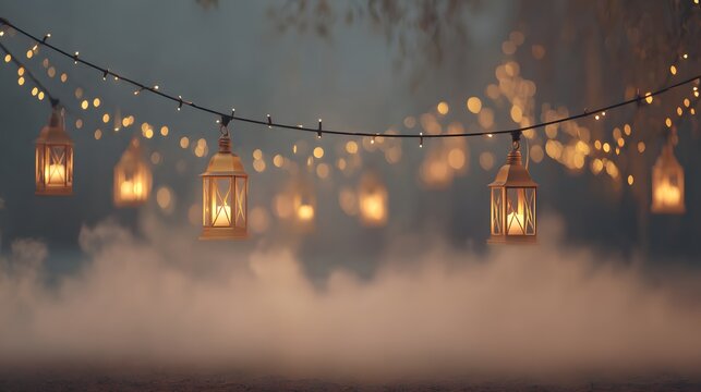 Festive Hanging Lanterns and String Lights with Bokeh Background. - Powered by Adobe