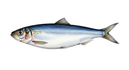 Obraz premium Meticulously detailed watercolor painting of a sardine or herring fish, blue-grey scales, white belly, delicate fins, on solid transparent, shadowless studio light. Concept of commercial art