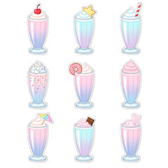 A delightful assortment of vibrant pastel gradient dessert drinks, featuring charming milkshakes with an array of unique and fun toppings, perfect for a sweet visual appeal