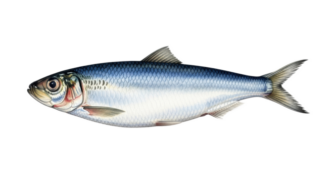 Meticulously detailed watercolor painting of a sardine or herring fish, blue-grey scales, white belly, delicate fins, on solid transparent, shadowless studio light. Concept of commercial art