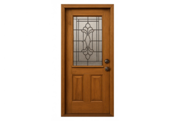 Wooden front door featuring a frosted decorative glass panel and doorknobs, presenting an isolated entryway element