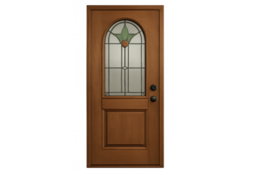 Wooden front door with an arched stained glass window, representing home, entrance, and security on transparent background