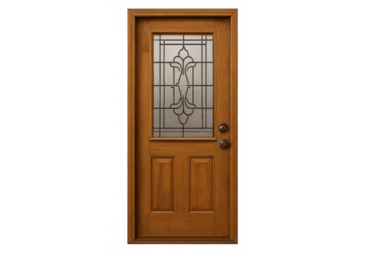 Wooden front door featuring a frosted decorative glass panel and doorknobs, presenting an isolated entryway element