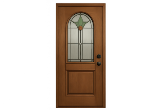 Wooden front door with an arched stained glass window, representing home, entrance, and security on transparent background
