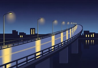 Urban Elevated Roadway at Twilight with City Silhouette Reflections