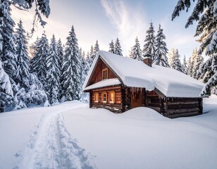 Snow Covered Wooden Cabin in Winter Forest at Sunset with Path Sunlight and Evergreen Trees Scenery and Tranquil Cold Day