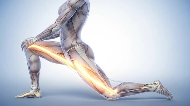 3D medical animation of human leg anatomy in a lunge stretch. Female figure showing quadriceps muscle activation and pain. Concept for fitness