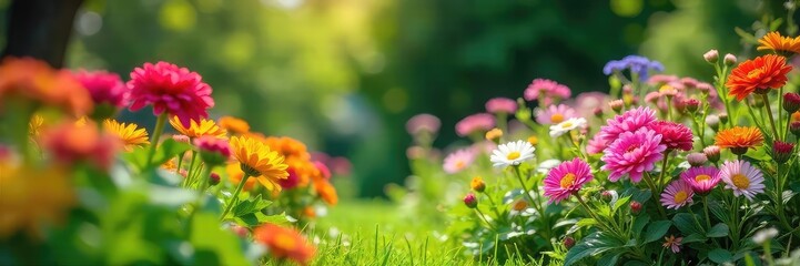 Obraz premium A vibrant garden bursting with colorful flowers and lush green foliage, representing the blossoming of free time spent cultivating a peaceful hobby , idyllic, serenity, relaxation