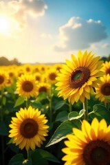 Fototapeta premium A vibrant field of sunflowers basking in golden sunlight, conveying optimism and warmth The bright yellow blossoms stretch towards the sky, symbolizing hope and positivity , petals, cheerful, hope