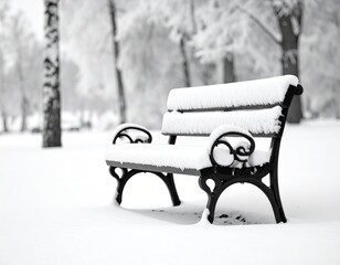 Snow Covered Wooden Park Bench in Winter