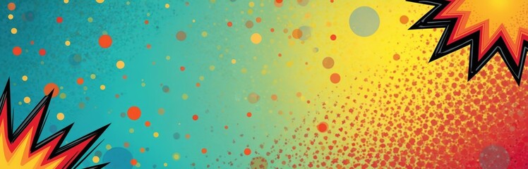 Dynamic comic style background features vibrant halftone dots. Abstract illustration design with bold colours suggests energy, excitement. Perfect for banners, posters, social media. Comic book vibe