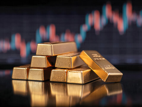 Gold bars stacked on reflective surface with blurred stock market chart in the background depicting investment and financial growth concepts - Powered by Adobe