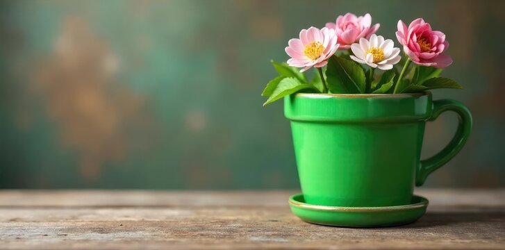 Fototapeta A vibrant green ceramic flowerpot sits on a rustic wooden surface, ready to be planted with spring blooms Perfect for gardening, home decor, and spring themes , texture, outdoor
