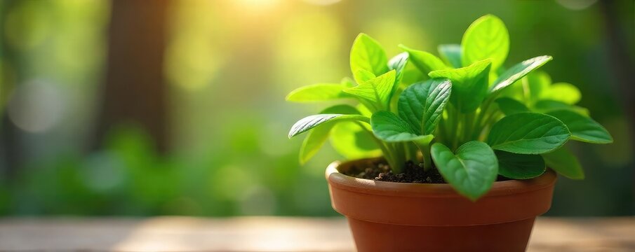 Fototapeta A vibrant green plant thrives in a rustic terracotta flowerpot, its lush leaves reaching towards the sunlight Perfect for home decor, gardening, and spring themes , pot plant, vegetation