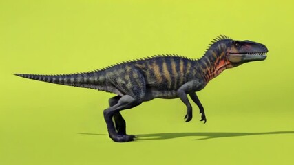 Digital illustration of a dinosaur with stripes walking on a yellow background in a studio dinosaur green screen video - Powered by Adobe