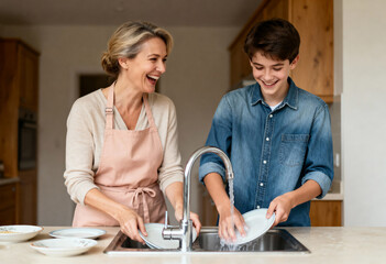 Happy mother and teenage son washing dishes together in the kitchen. Cheerful family bonding while doing household chores