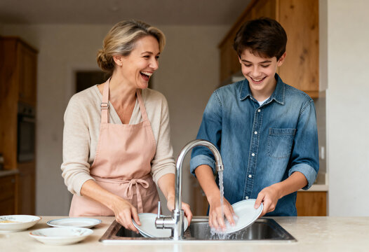 Happy mother and teenage son washing dishes together in the kitchen. Cheerful family bonding while doing household chores