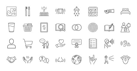 Fototapeta premium Everyday life line icon set. Vector pictograms of toothbrush, shower, bed, shopping cart, certificate, globe, handshake, and human senses, thin linear illustration.