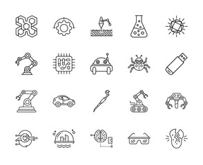 Fototapeta premium Innovation and future technology line icon set. Vector pictograms of robotic arms, microchips, autonomous vehicles, smart glasses, and AI concepts, thin linear illustration.