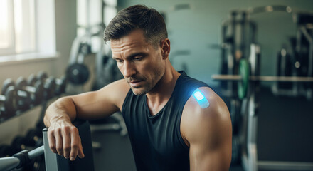 focused man in gym setting is using wearable fitness device on his shoulder, reflecting commitment to health and technology. atmosphere is energetic and motivating