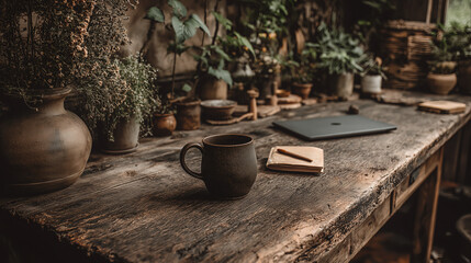 Dark_Rustic_Aged_Wooden_Desk_Primitive_Coffee_Mug_Laptop_Notebook_Botanical_Earthy_Workspace_Atmosphere
