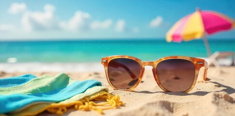 Stylish sunglasses resting on a vibrant summer beach scene with colorful towels and beach toys, capturing the essence of summer fun and relaxation , eyewear, sunshine