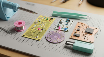 Electronics Workstation with Soldering Iron, Circuit Boards, and Tools on Gray Mat for Assembly, Repair, and Prototyping in Engineering and Technology