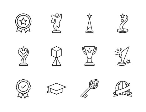 Awards and achievements line icon set. Vector pictograms of various trophies, medals, a key, graduation cap, and globe, thin linear illustration.