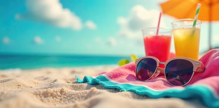 Stylish sunglasses resting on a vibrant summer beach scene with colorful towels and refreshing drinks; perfect for summer vacation and travel promotions , leisure, lifestyle, stylish