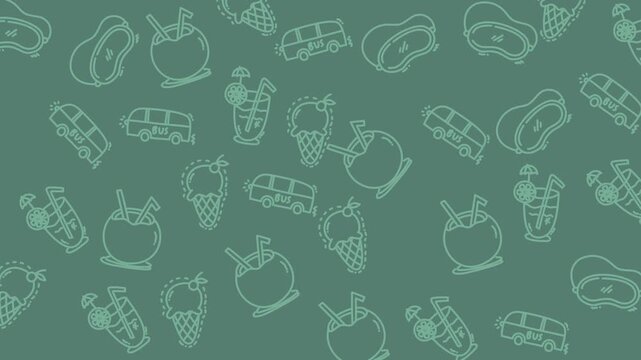 Repeating pattern of summer themed items in green perfect for fabric design, wallpaper, stationery, and digital backgrounds. Cool and refreshing visuals.
