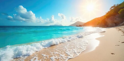 Sun-drenched beach scene with vibrant blue ocean waves lapping the shore, perfect for summer vacation imagery Ideal for travel, tourism, and holiday promotions , travel, summer
